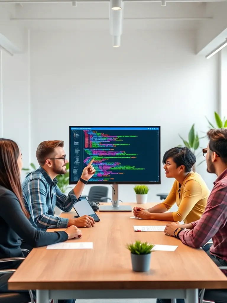 A photograph representing technology partnerships, featuring developers from different companies working together on software integration, highlighting innovation and efficiency.