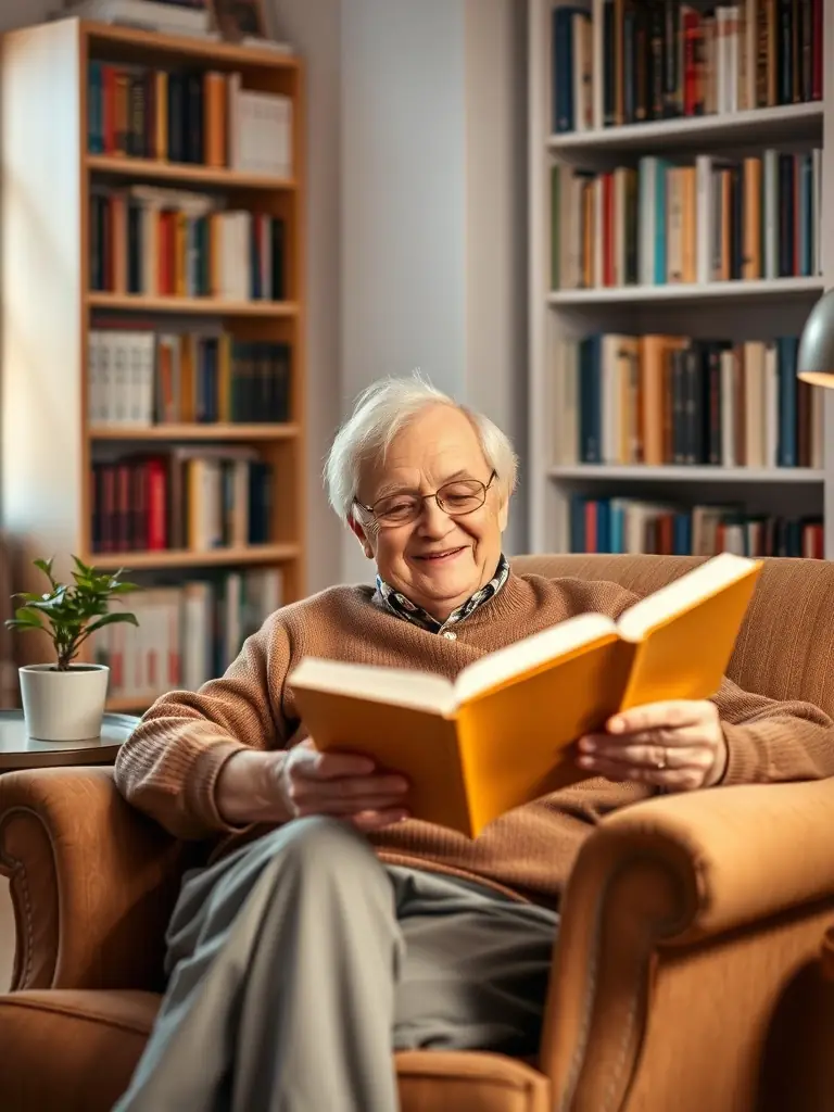 A senior man wearing glasses and reading a book comfortably, illustrating the vision care benefits included in Medicare Advantage.