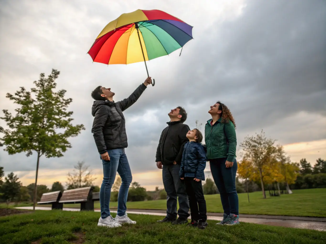 A family standing together, protected by a shield, representing the security and peace of mind that life insurance provides.