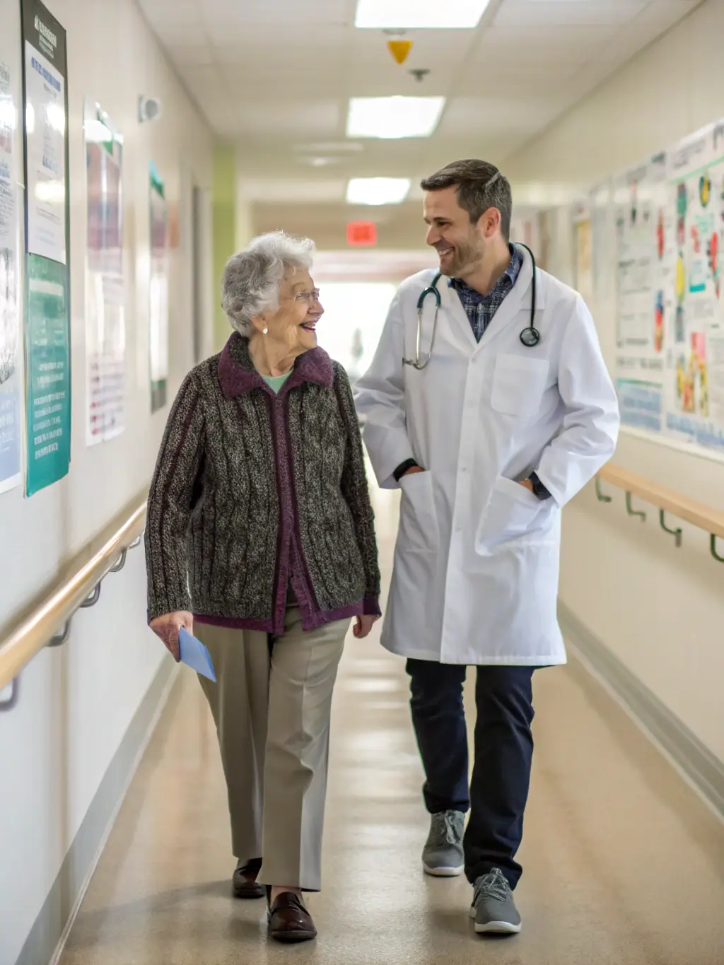A senior woman smiling while talking to a healthcare professional in a hospital setting, representing Medicare Part A coverage for hospital care.