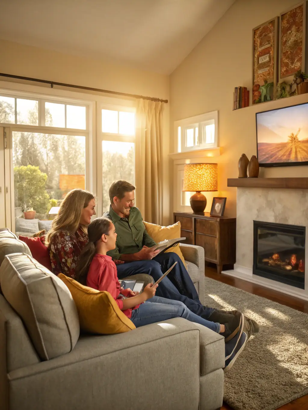 A cozy home interior with a family gathered, protected by a shield, representing the security offered by the Basic Plan.
