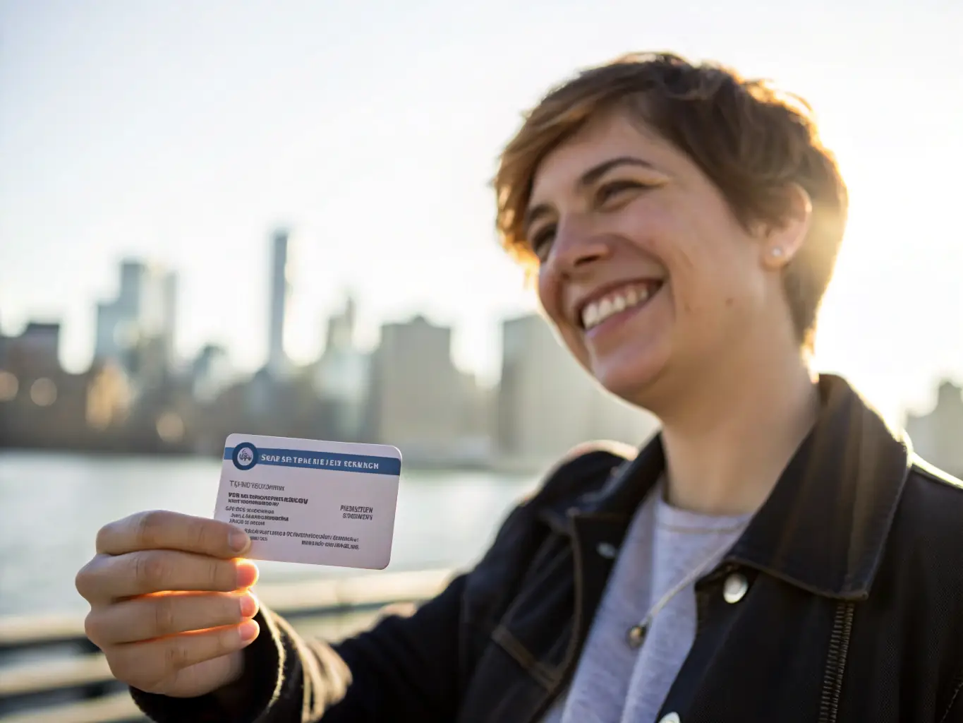 A person smiling confidently while holding a health insurance card, symbolizing peace of mind and access to quality healthcare.