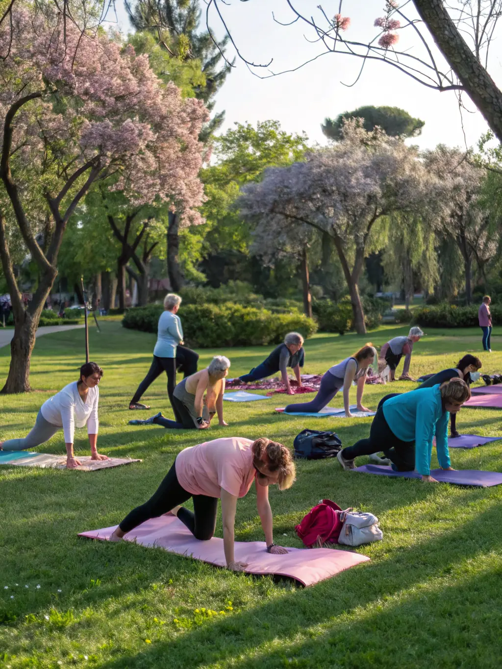 A group of seniors participating in a yoga class in a park, emphasizing the wellness programs offered by Medicare Advantage.