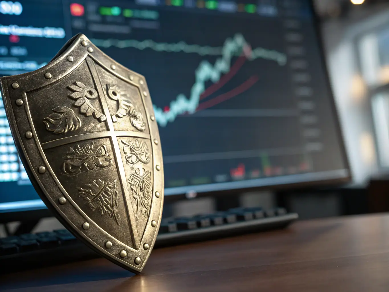 A visual representation of an immediate annuity shielding retirement savings from market fluctuations, emphasizing the security and stability it provides during economic uncertainty.