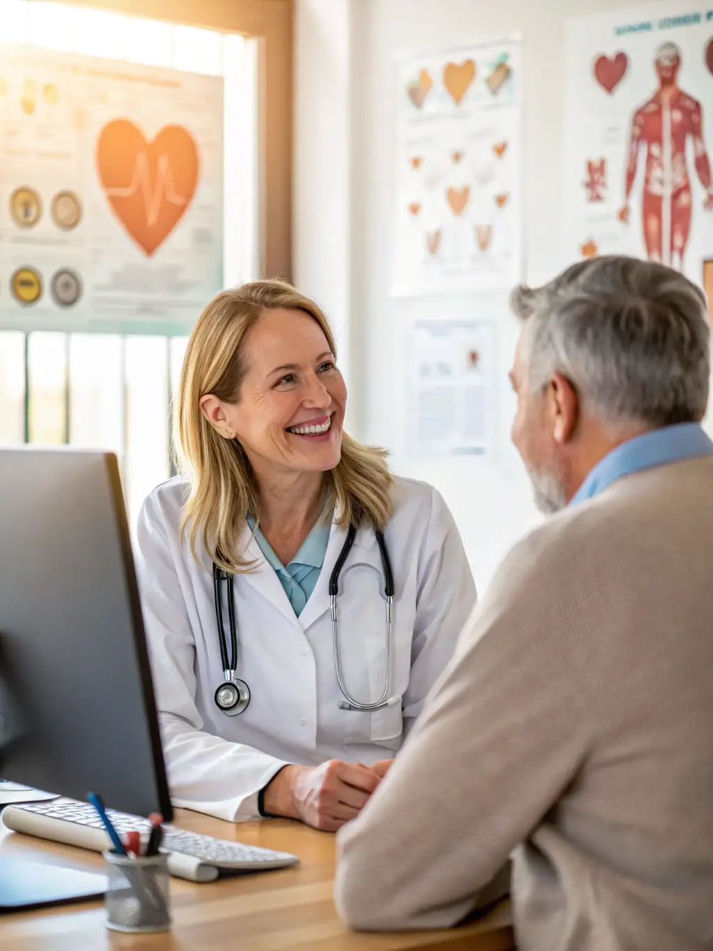 A doctor consulting with a patient, both looking optimistic, in a modern medical office, highlighting the access to quality healthcare the plan offers.