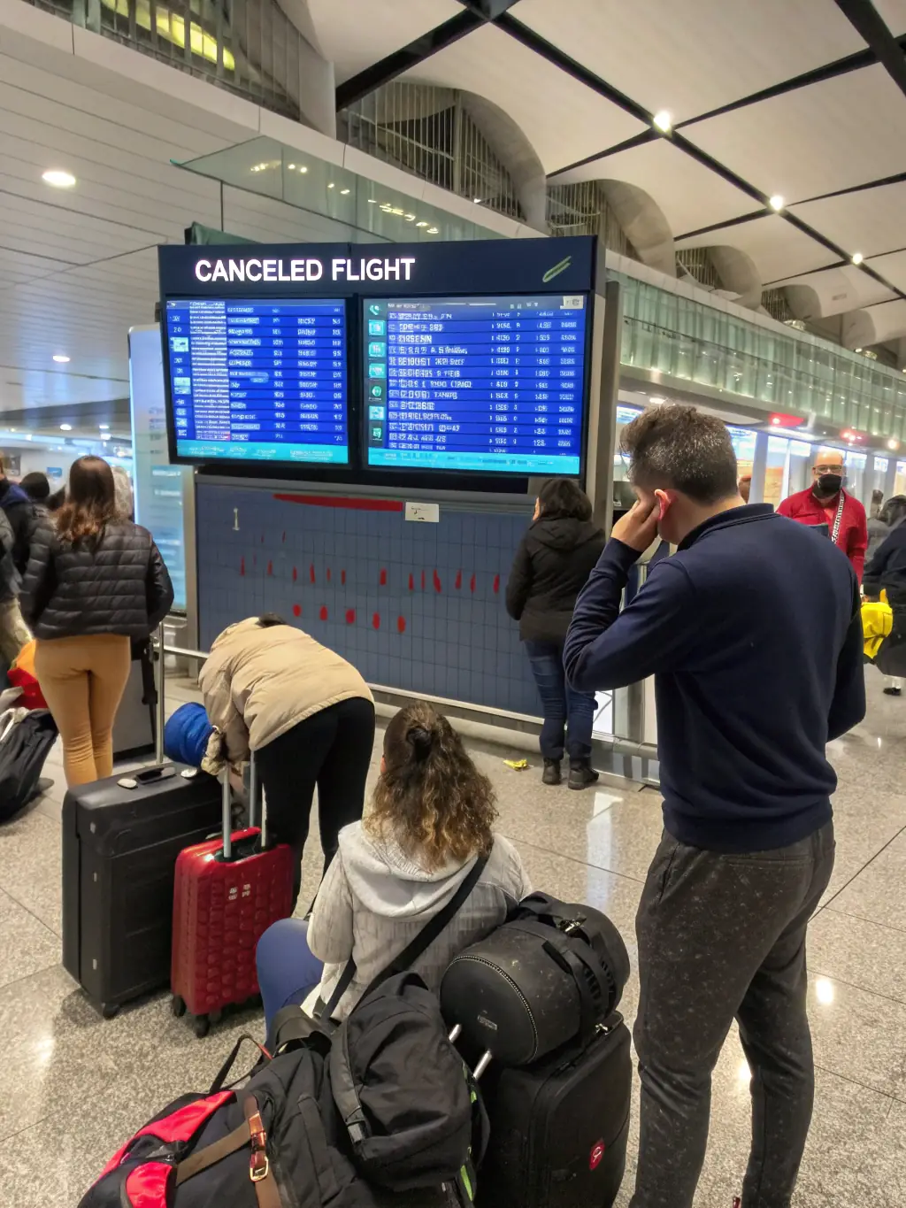 A cancelled flight displayed on an airport information screen, representing trip cancellation coverage.