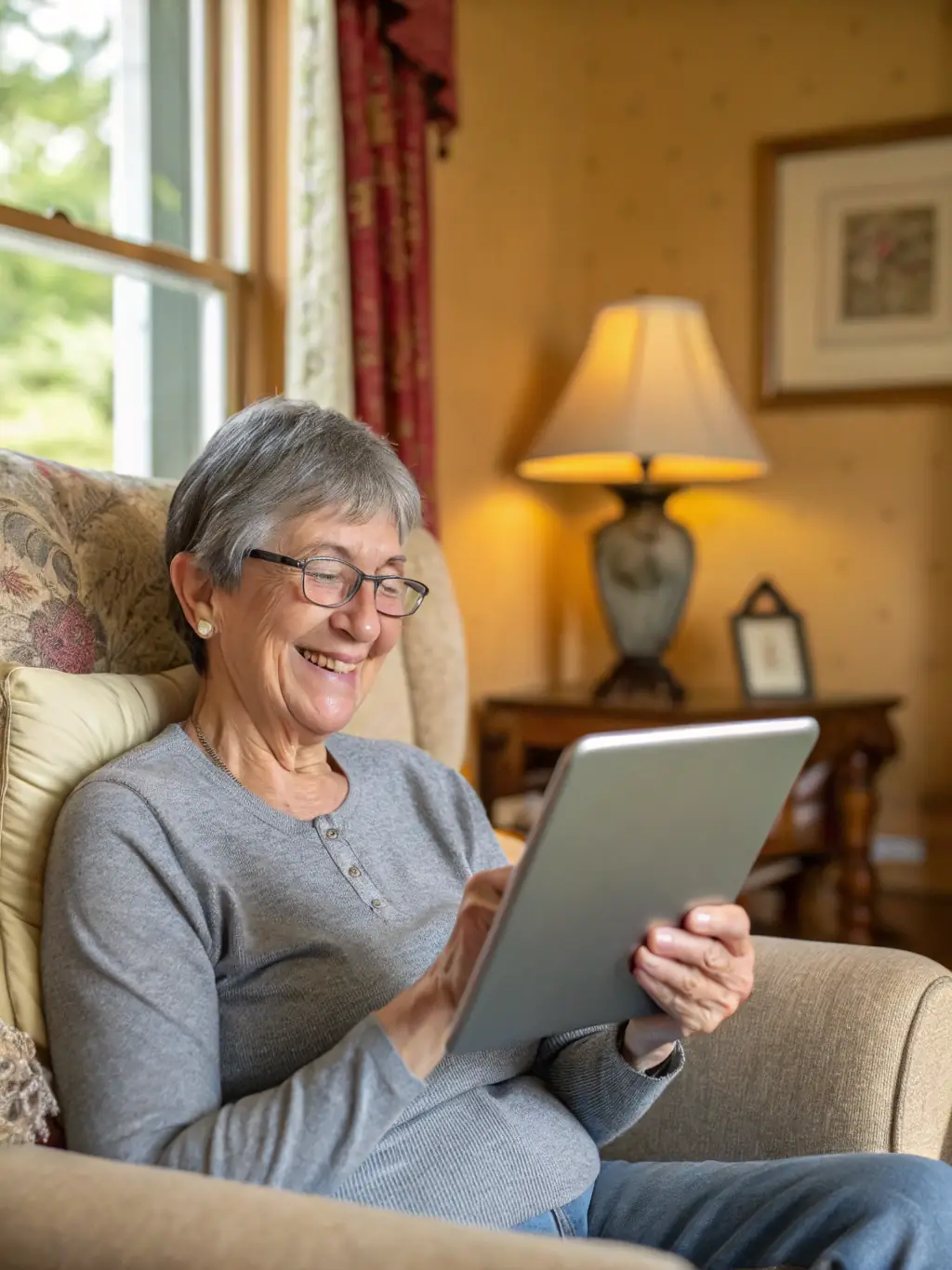 A senior woman using a telehealth app on her tablet, highlighting the convenience of telehealth services included in Medicare Advantage.
