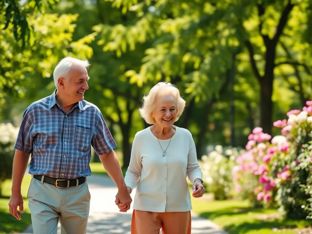 A photograph of a smiling elderly couple sitting together on a park bench, holding hands and looking content, symbolizing the security and companionship offered by joint life annuities.