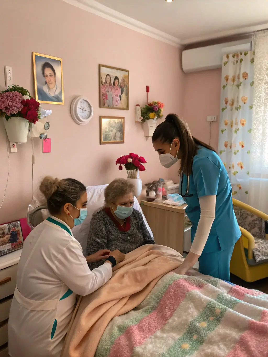 A person resting comfortably in a hospital bed, surrounded by supportive family members, with a visible sense of relief and financial security.