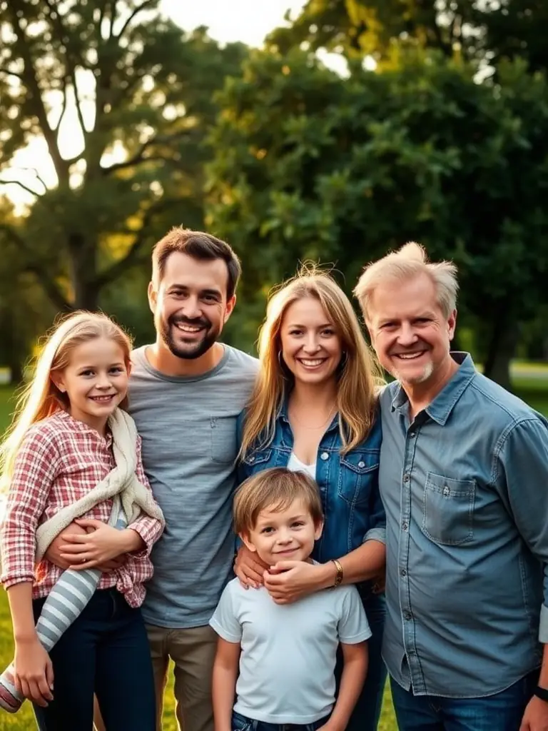 A family smiling and embracing, set against a backdrop of a sunny day, representing the support and care the insurance plan provides for loved ones.