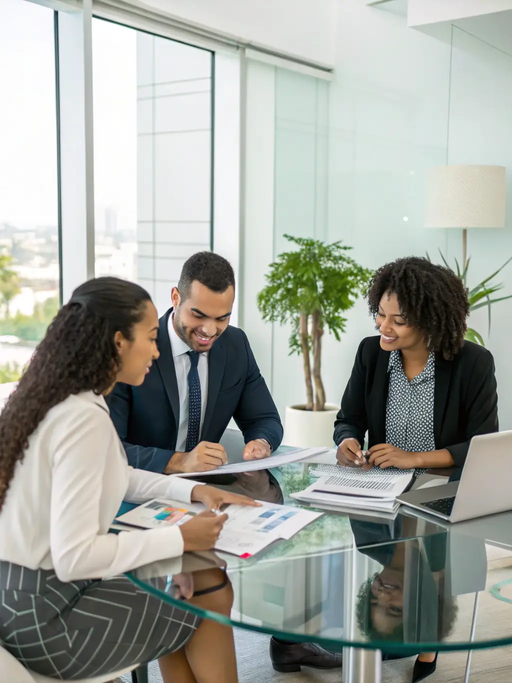 A photograph depicting a strategic alliance meeting, with professionals from different companies collaborating on a project, showcasing shared resources and expertise.