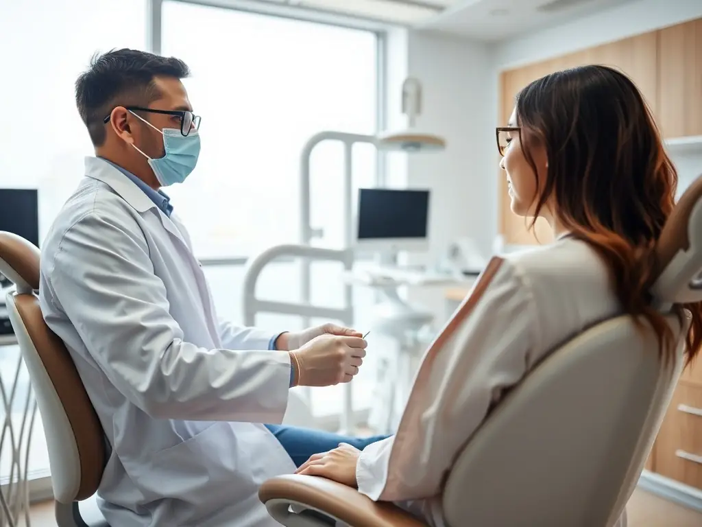 A dentist examining a patient's teeth with modern equipment in a bright, clean dental office, emphasizing the importance of regular check-ups.