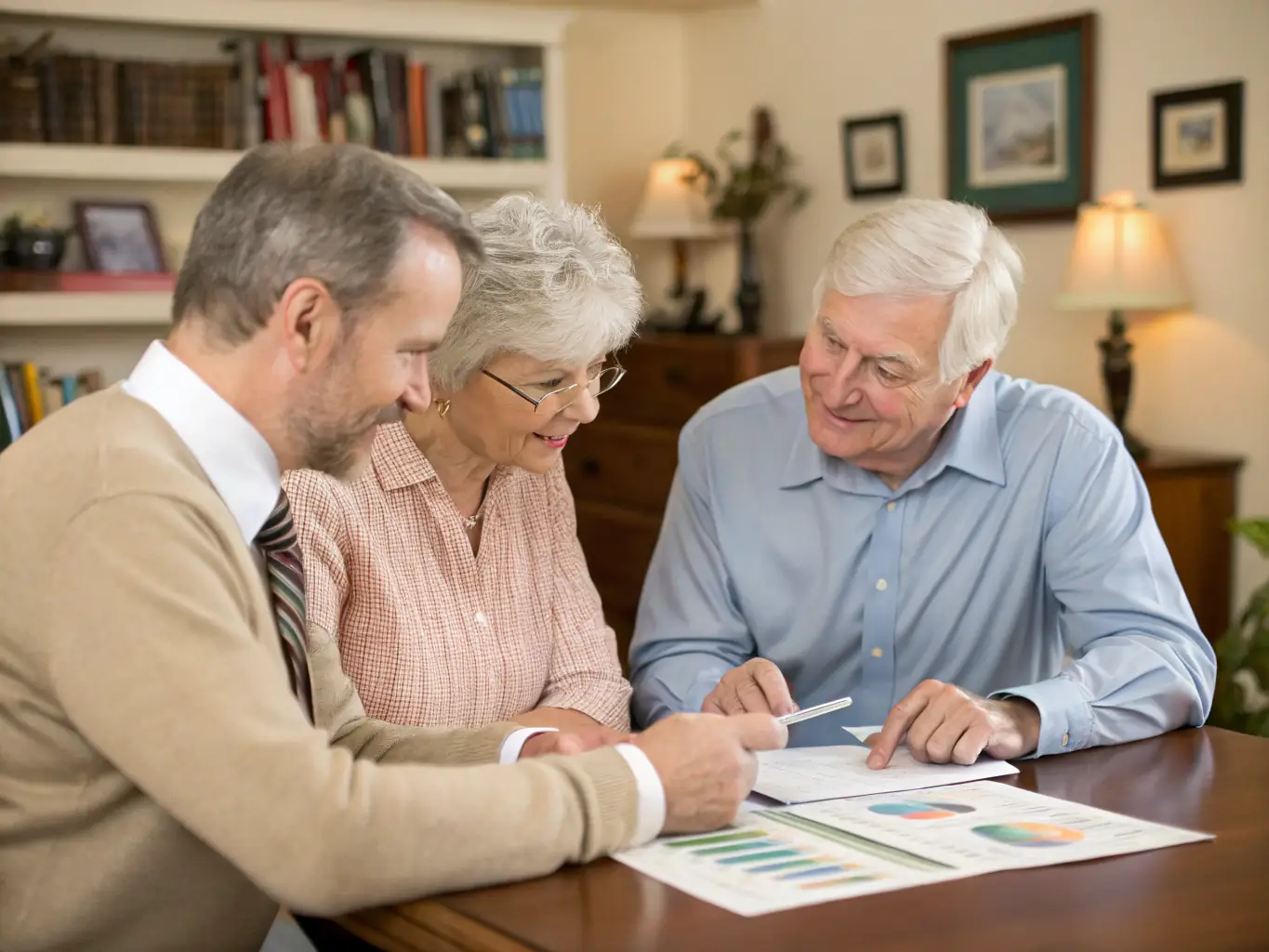 A senior couple discussing their financial plan with a friendly advisor, illustrating the peace of mind offered by the insurance policy.