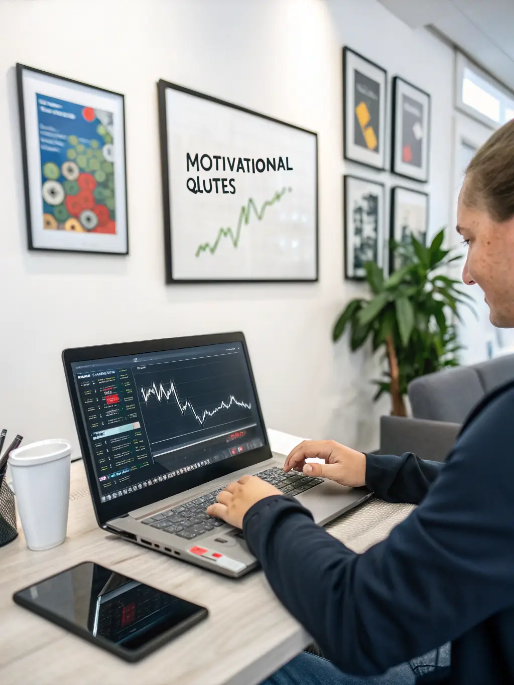 A person confidently managing their finances on a laptop, with charts showing growth and stability, illustrating the long-term financial planning benefits.
