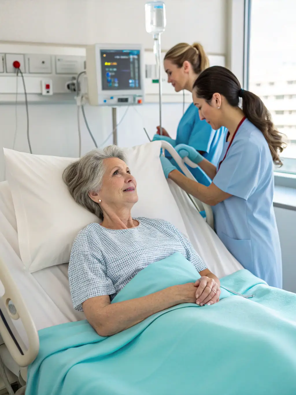 A person in a hospital bed, receiving medical care, with a concerned family member by their side. The scene emphasizes the financial strain of hospital stays.