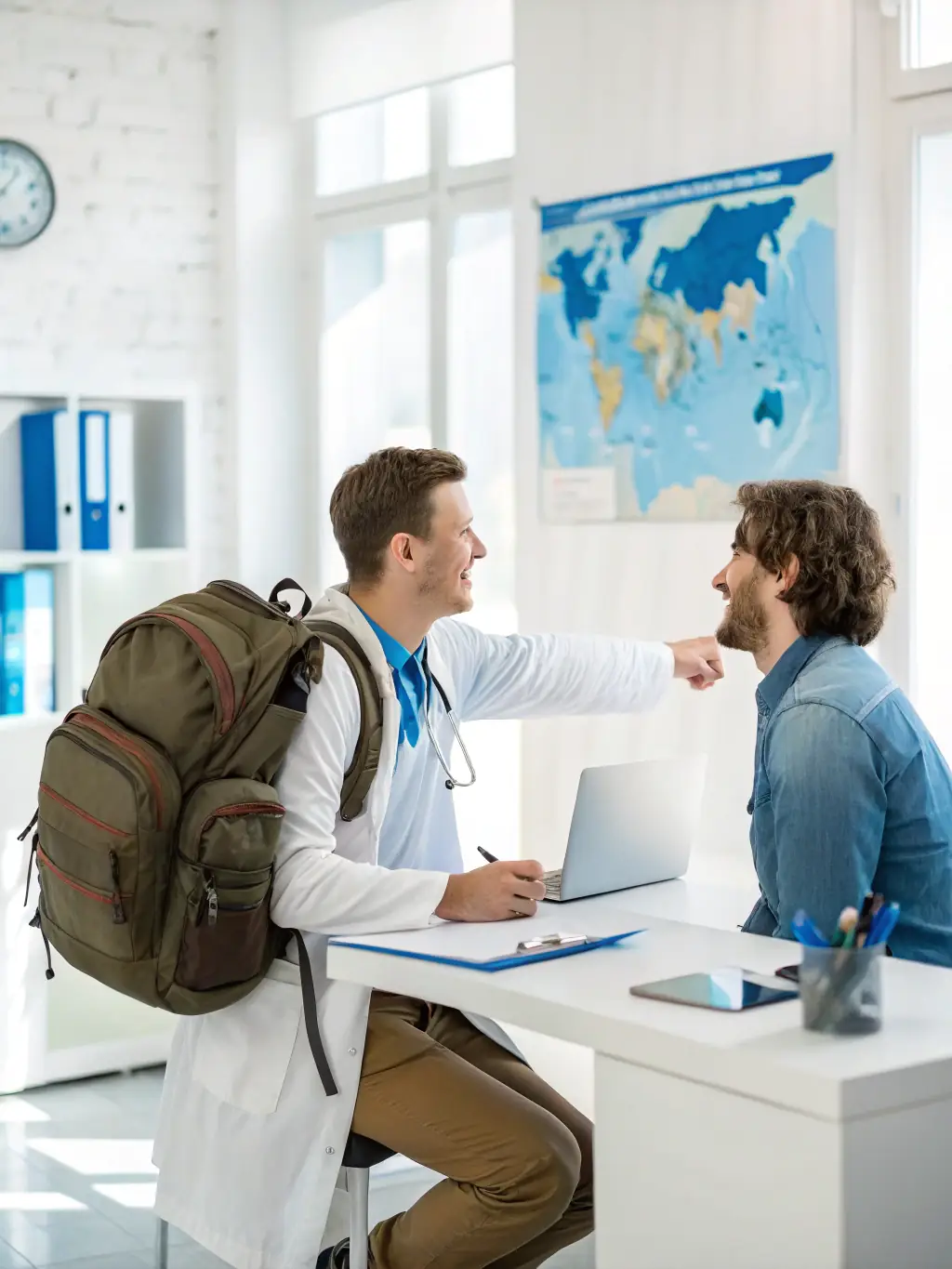 A traveler receiving medical assistance from a doctor in a foreign country, highlighting medical coverage.